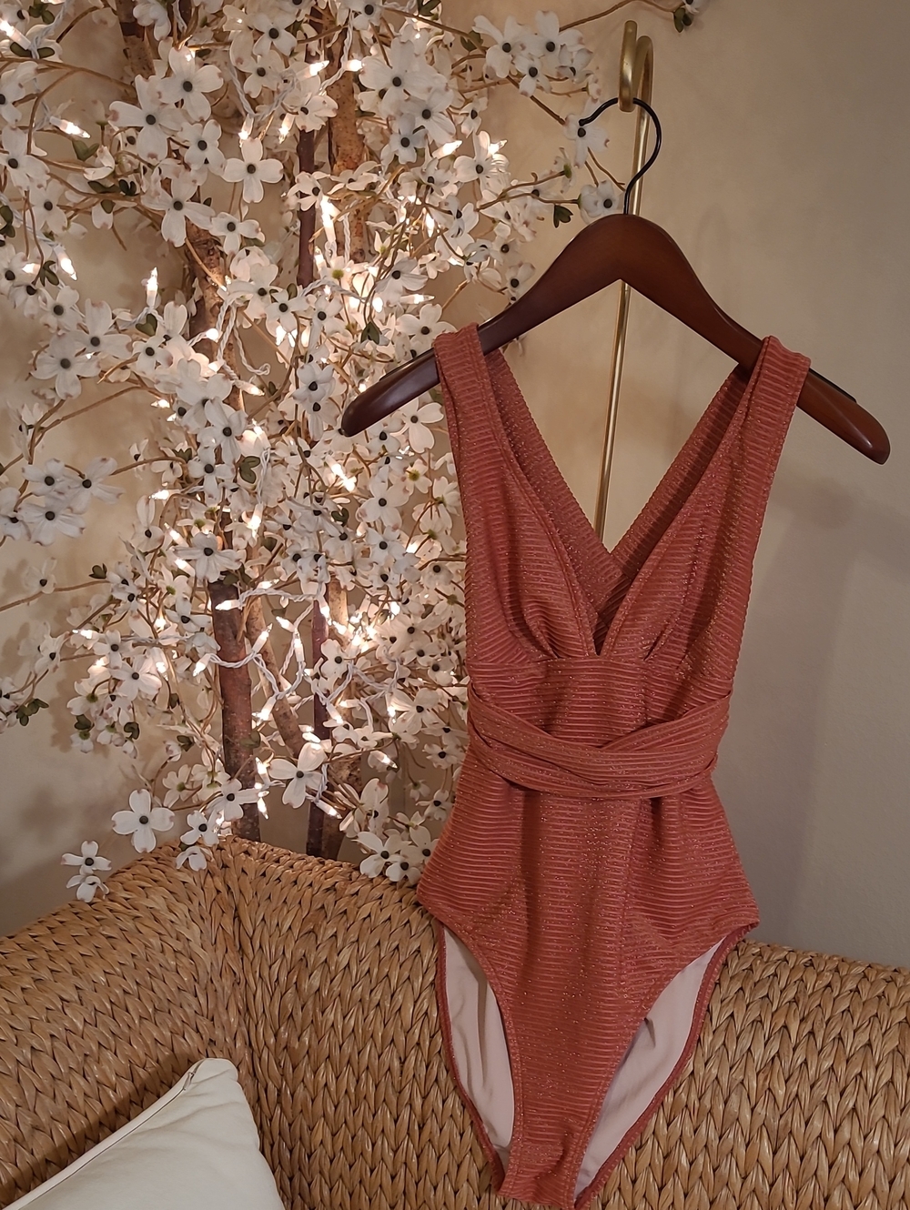CUPSHE Sparkle Ribbed Belted Criss Cross Terracotta One Piece